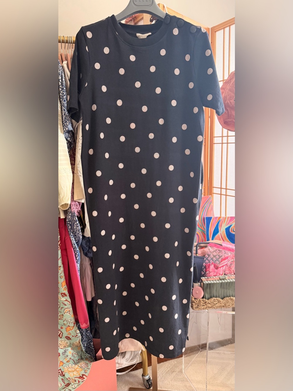21. Sézane Black Polka Dot Midi Dress Organic Cotton Button Shoulder Size M